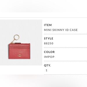 Coach Mini Skinny ID Case. Poppy color. New with tag